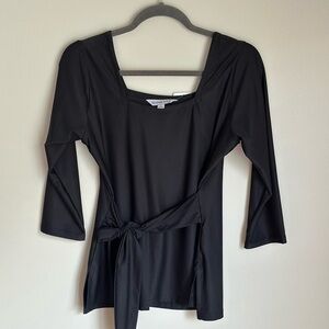 La Mer Luxe Women’s Square Neck Black 3/4 Slv Tie Waist Top Buttery Soft Small